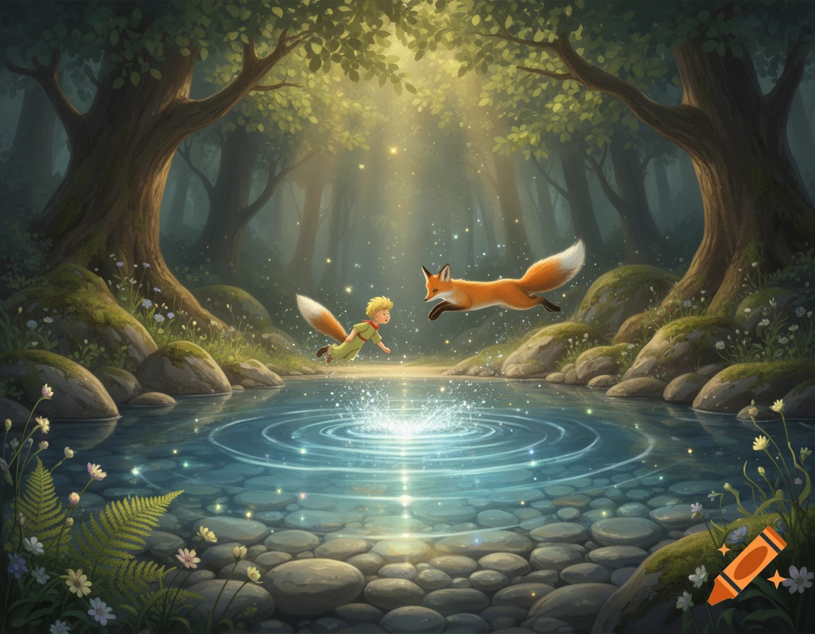 Digital illustration of a small boy and a fox leaping over a clear forest stream with glowing ripples, surrounded by trees and rocks.