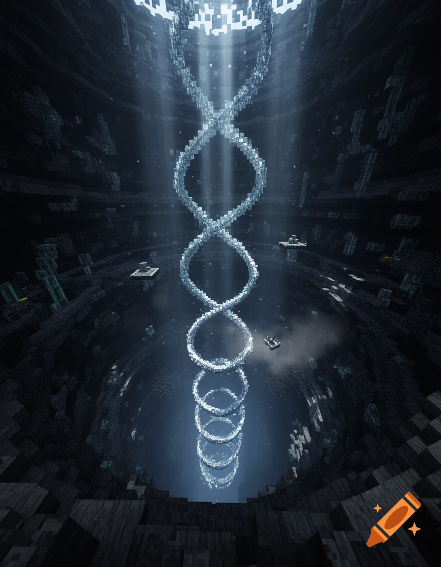 A Minecraft-style cylindrical cavern with a glowing spiral structure running down the center.