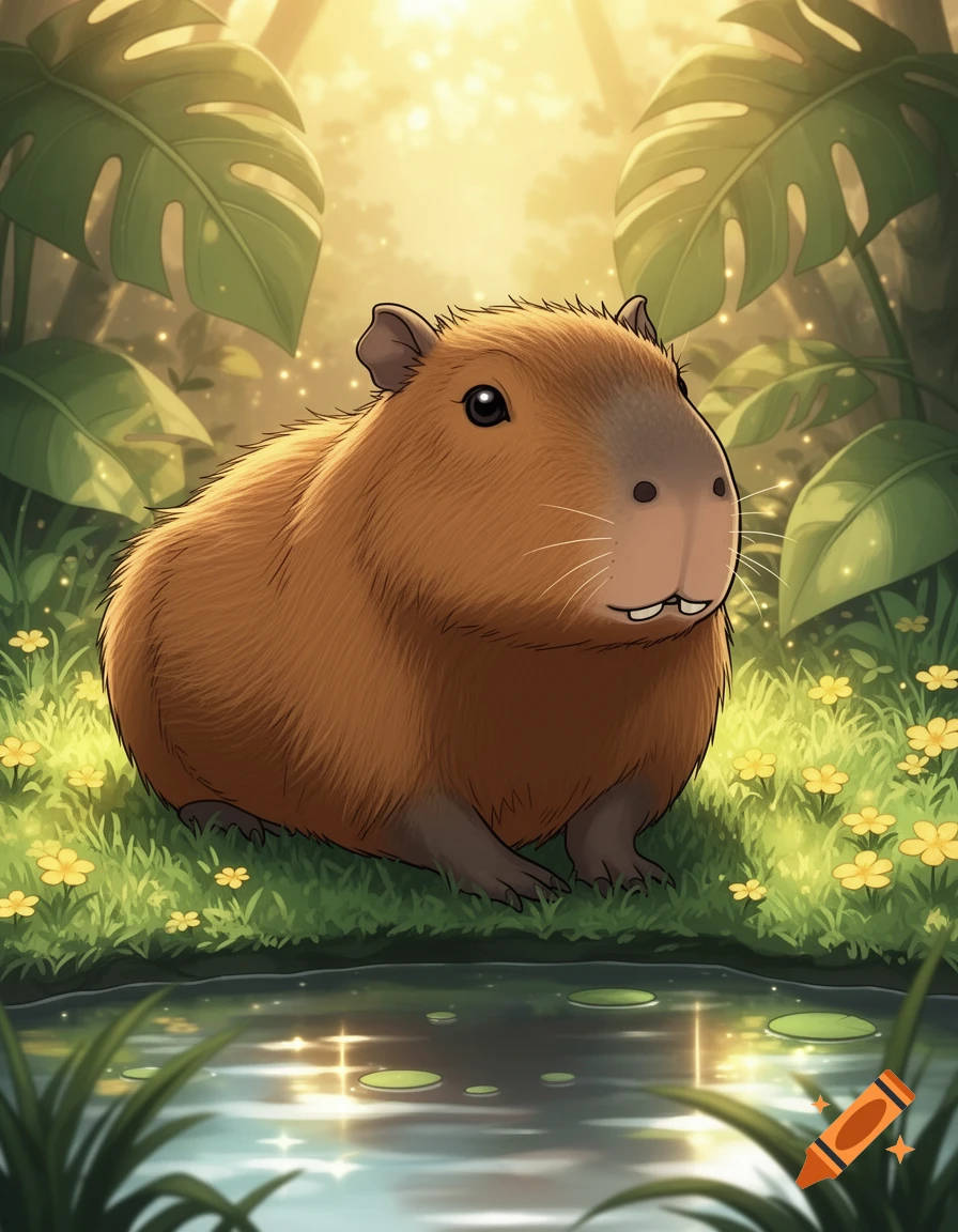 An illustrated capybara sitting by a pond surrounded by lush green foliage and yellow flowers under sunlight.