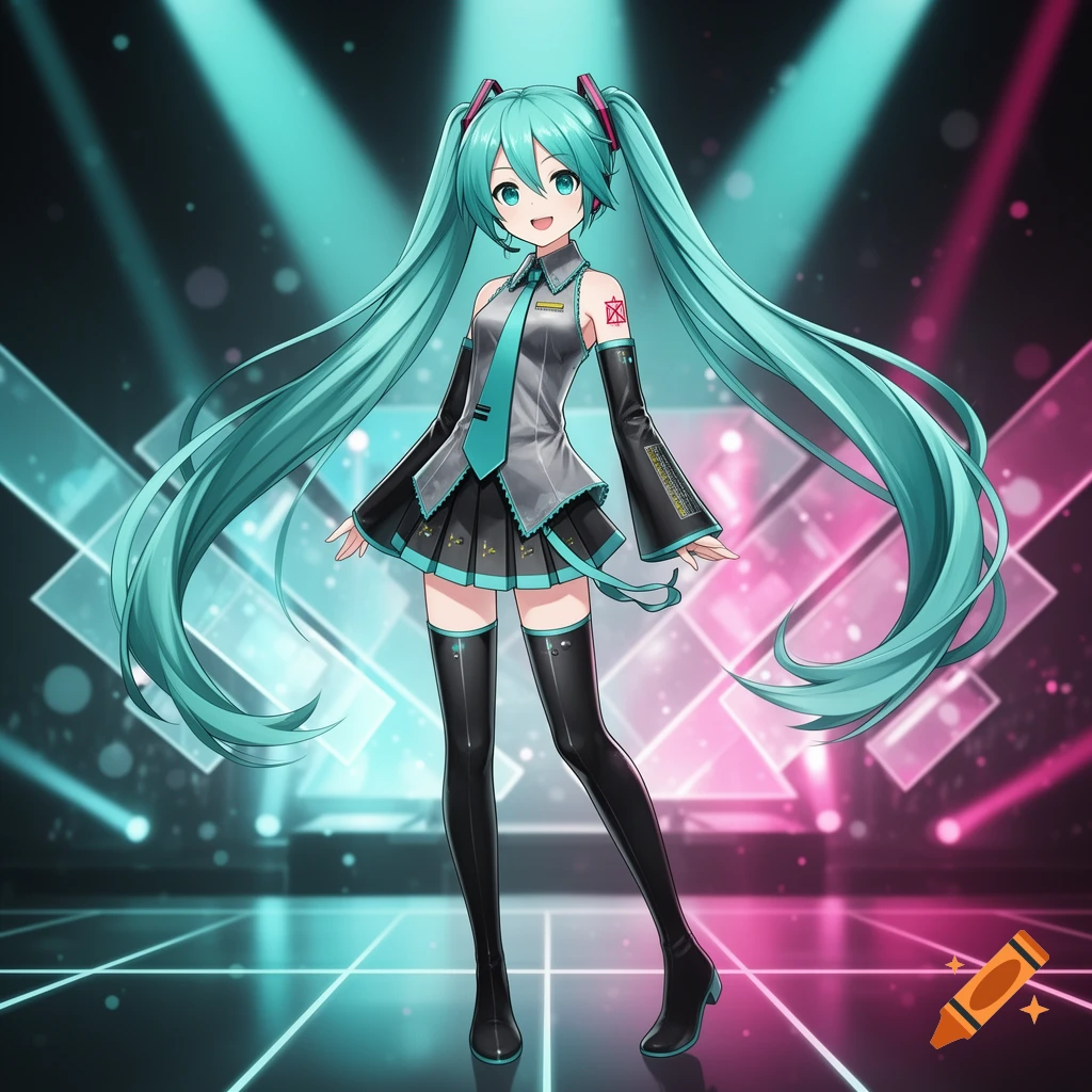 Anime illustration of Hatsune Miku in her signature outfit standing on a glowing stage with neon lights.