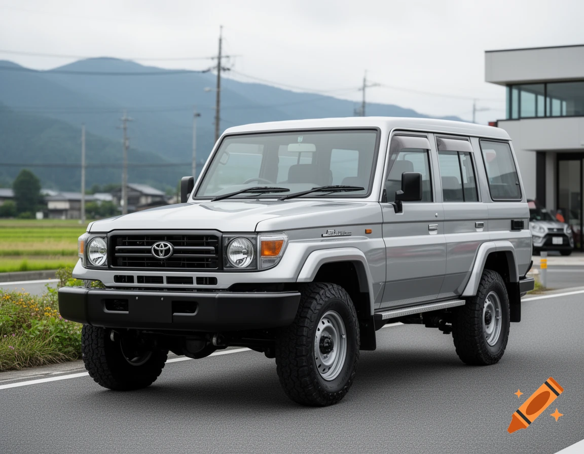 Photorealistic silver SUV parked on a paved road with mountains in the background.
