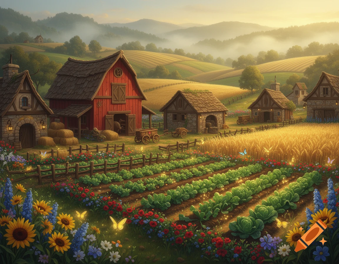 Digital painting of a magical medieval fantasy farm with red barn, rolling hills, vegetable patches, and glowing butterflies at sunset.