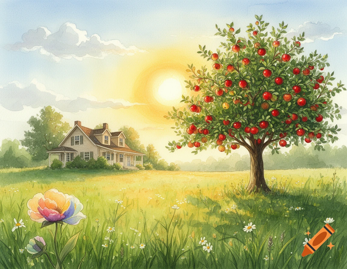 Watercolor painting of a sunny meadow with a house, a large apple tree laden with red apples, and wildflowers in the foreground.