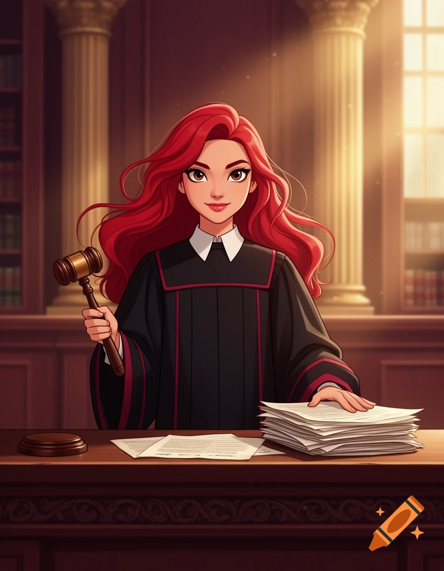 An anime-style illustration of a young female judge with red hair holding a gavel in a courtroom.