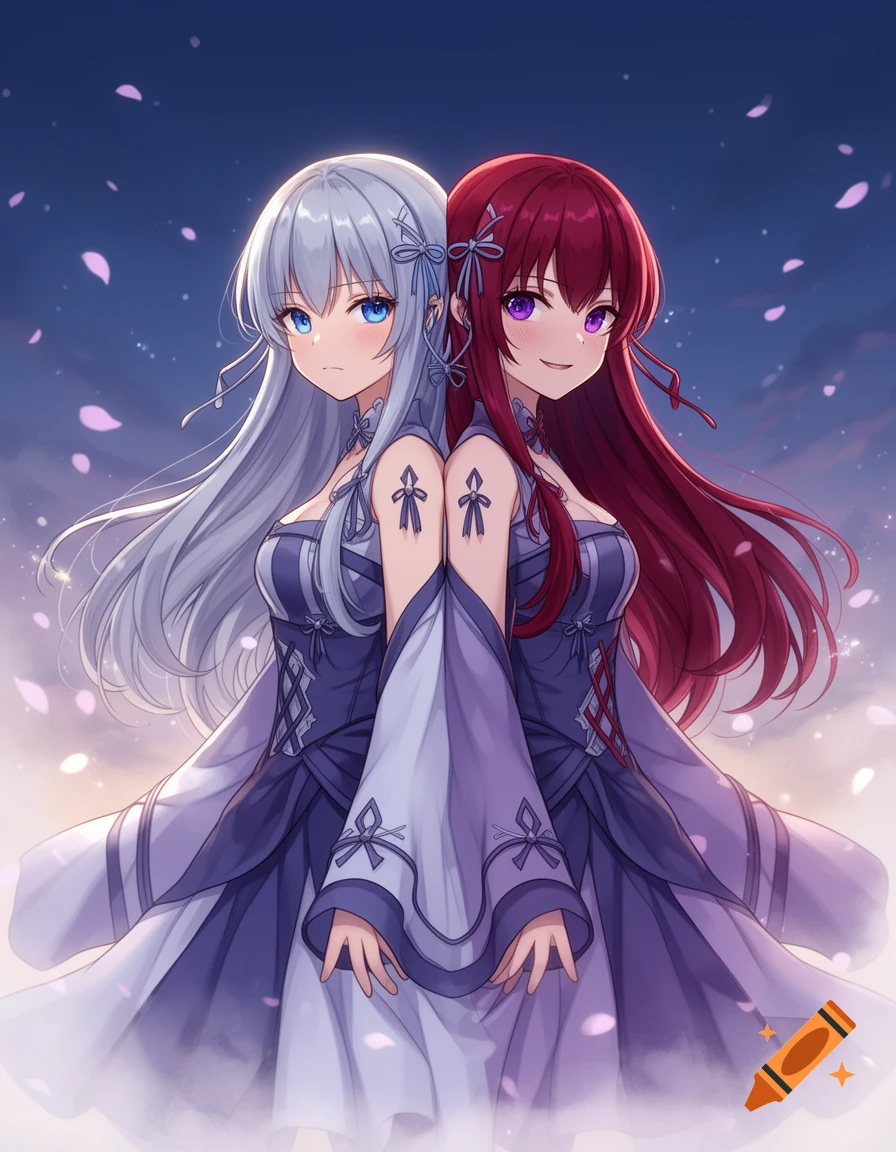 Anime style illustration of two girls back-to-back, one with silver hair and blue eyes, the other with red hair and purple eyes.