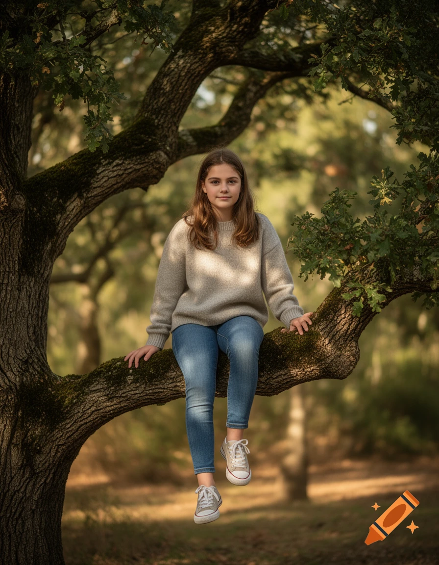 Photorealistic image of a teenage girl in a beige sweater and jeans sitting on a thick tree branch in a forest.