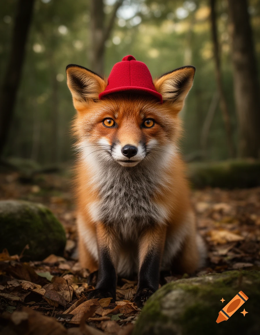 Close-up photorealistic shot of a cute red fox wearing a small red hat sitting in a forest.