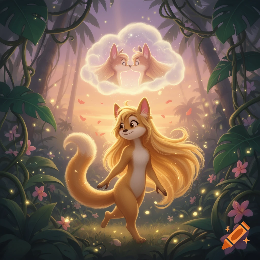 Digital illustration of an anthropomorphic female fox creature with long blonde hair walking in a magical jungle, dreaming of kissing another fox in a cloud.