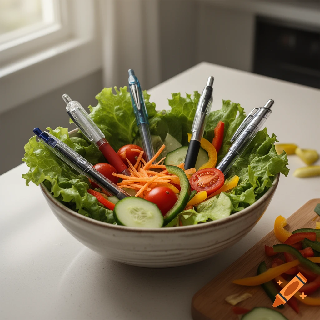 A photorealistic bowl of green salad with assorted pens replacing vegetables, sitting on a kitchen counter.