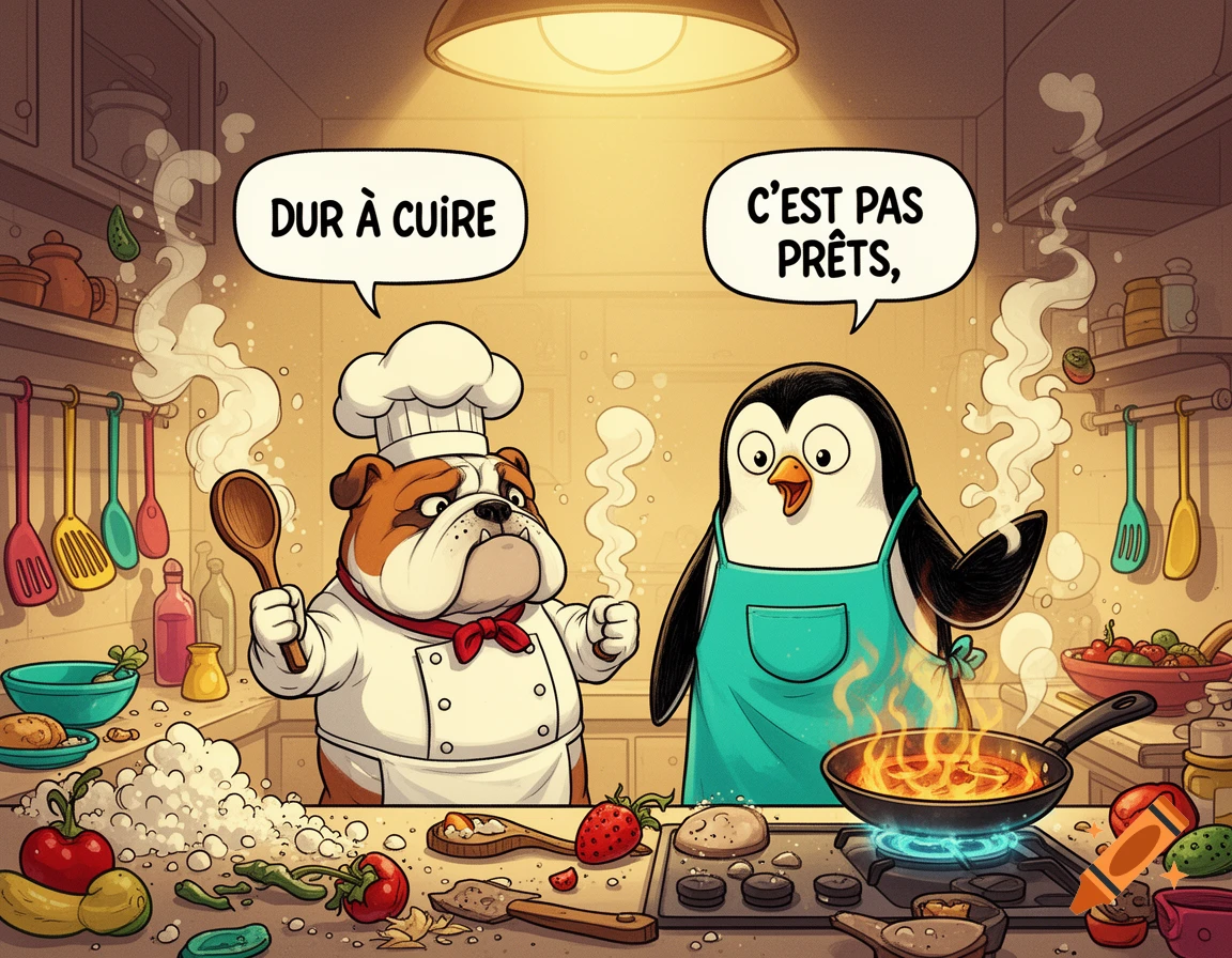 Cartoon style illustration of an English bulldog chef and a penguin cooking in a kitchen with speech bubbles containing French text.