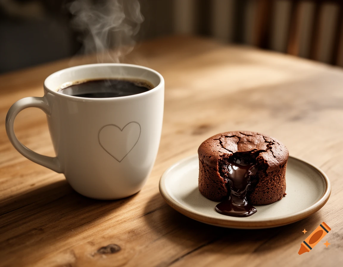 Photorealistic image of a steaming cup of coffee next to a chocolate lava cake on a wooden table.