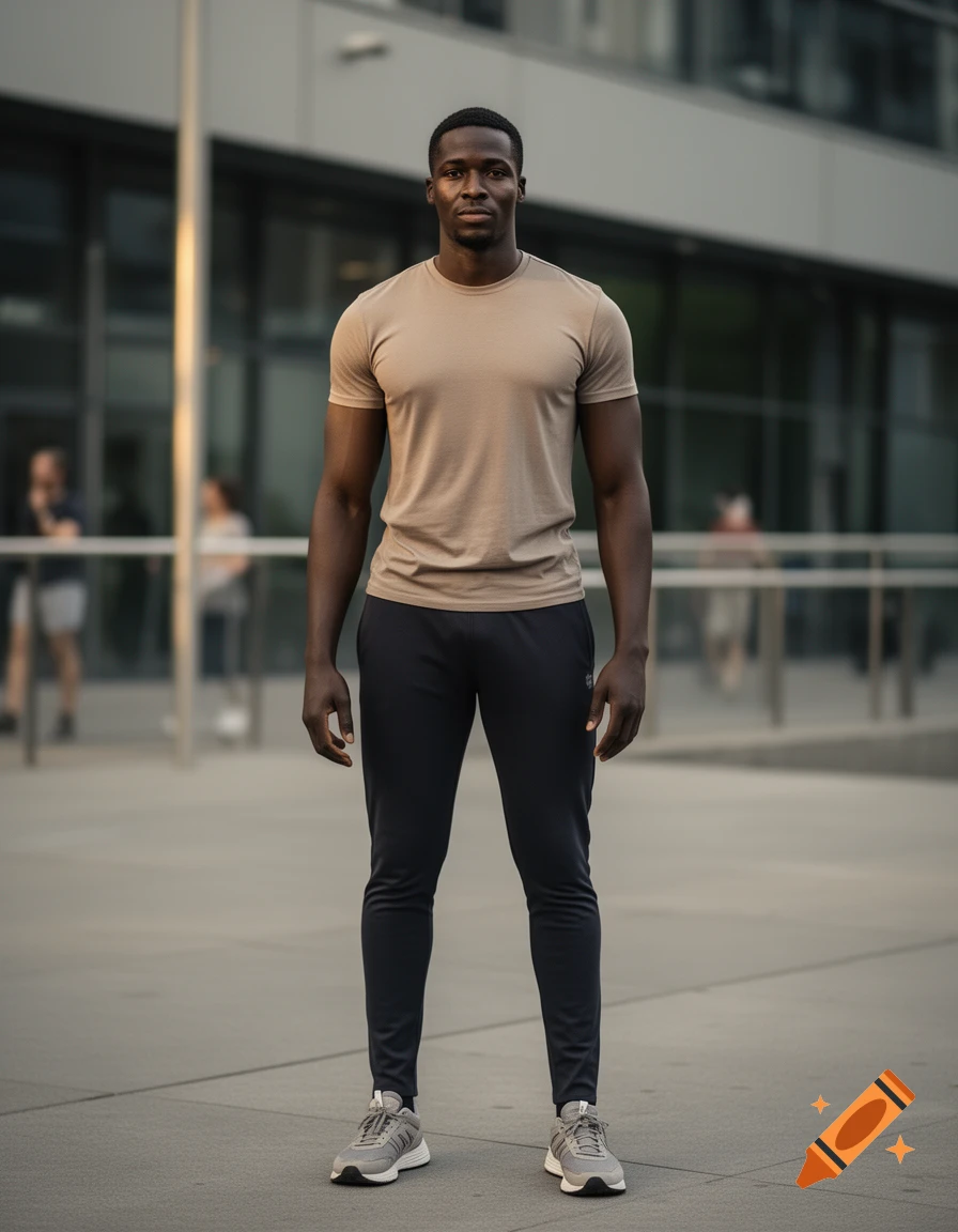 Photorealistic full-body portrait of a tall, athletic African American man standing outdoors in front of a modern building.