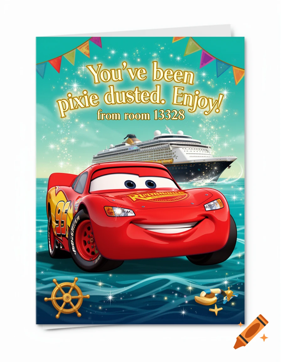 A Disney cruise themed greeting card featuring Lightning McQueen, a cruise ship, and text reading You've been pixie dusted.