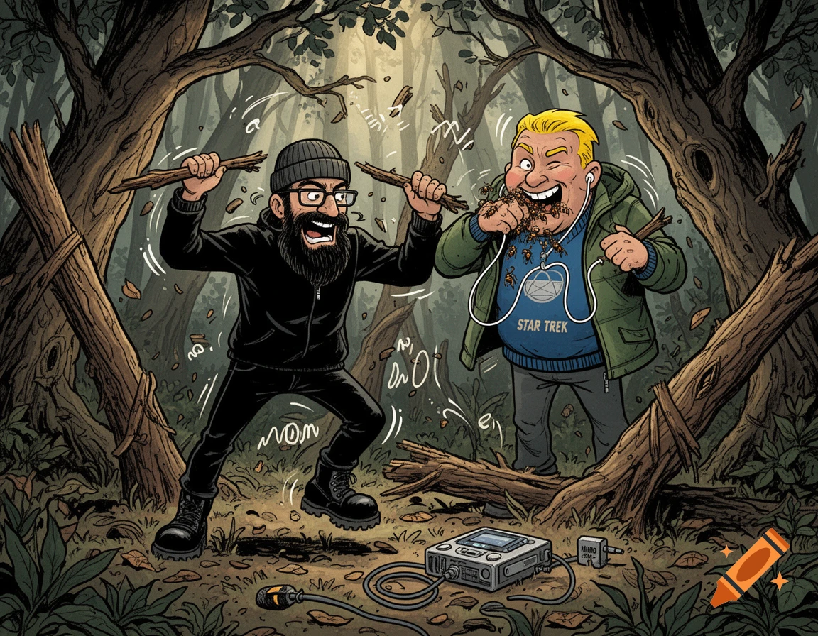 Cartoon illustration of two men in a forest, one dancing with a stick and the other eating ants with a Star Trek sweater.