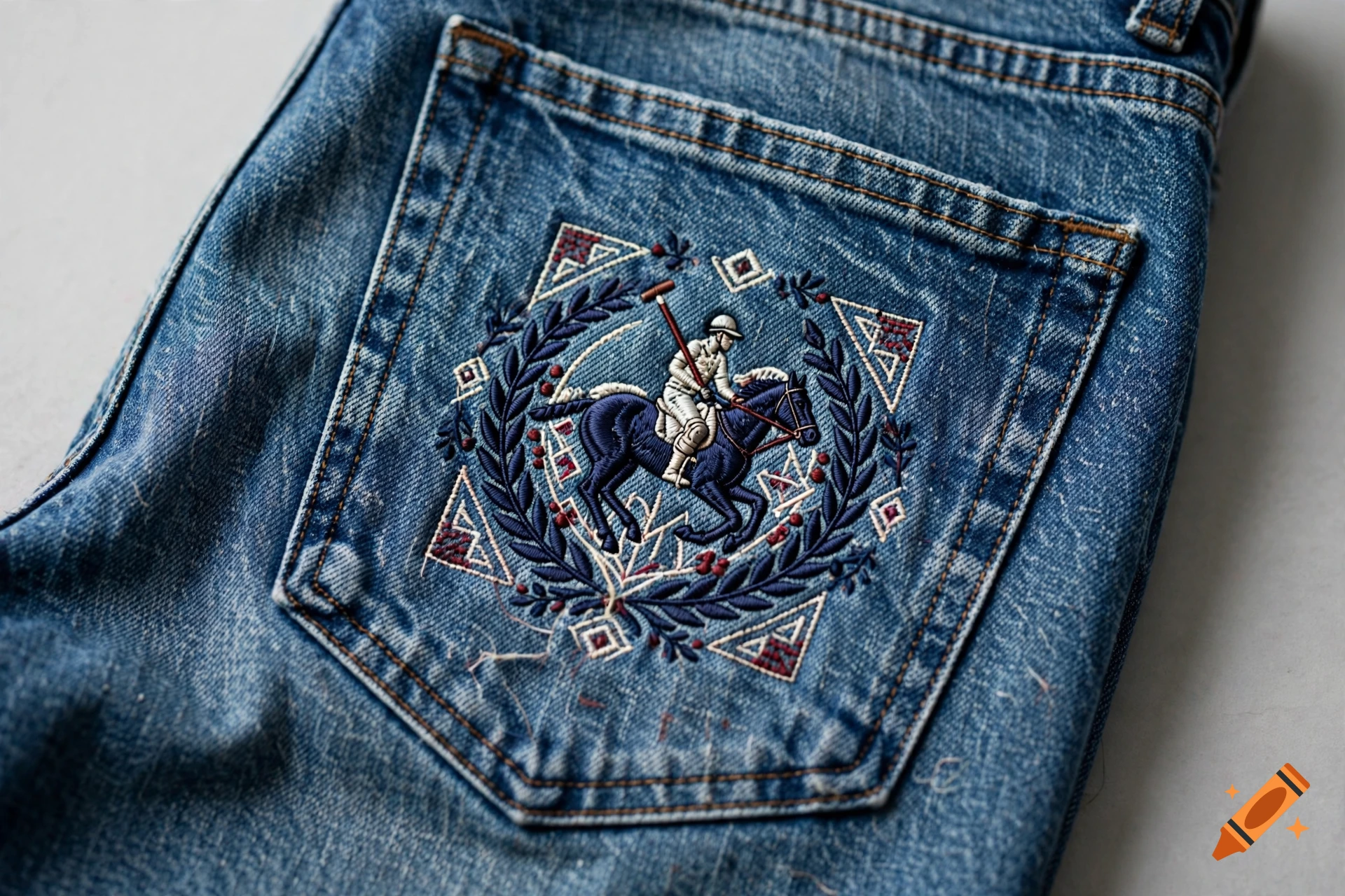 Close-up of a blue denim jeans back pocket featuring intricate embroidery of a polo player riding a horse inside a laurel wreath.