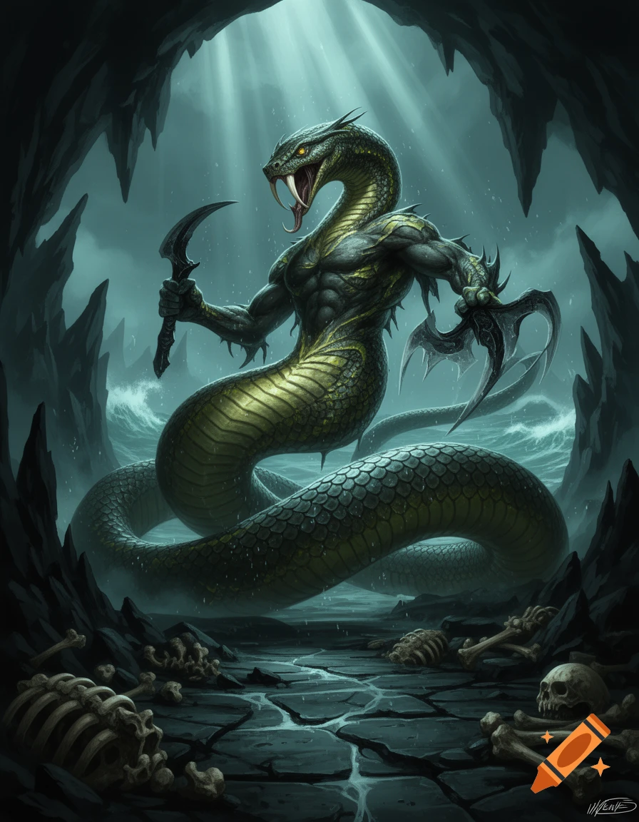 Fantasy illustration of a muscular Yuan-ti abomination with a serpentine lower body and dagger in a dark cave.