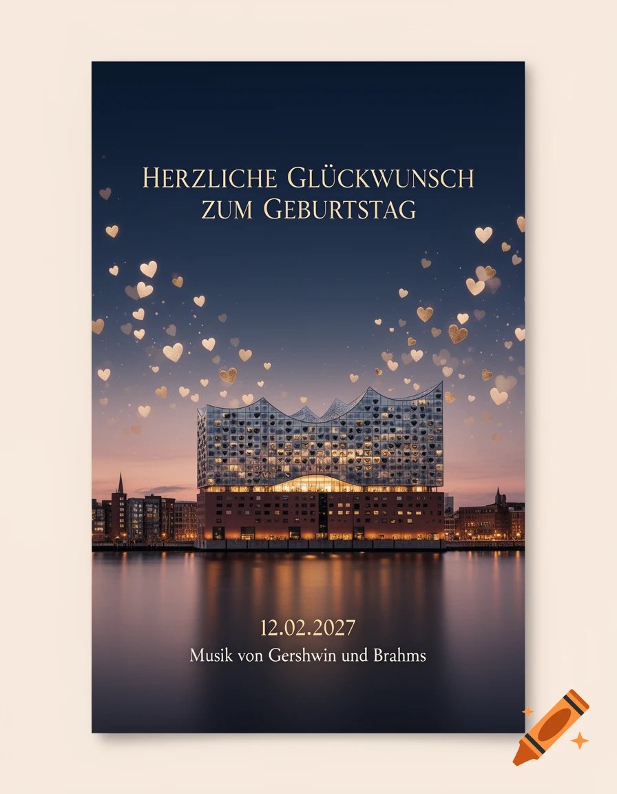 Concert invitation poster featuring the Elbphilharmonie in Hamburg at dusk with floating golden hearts and German text.