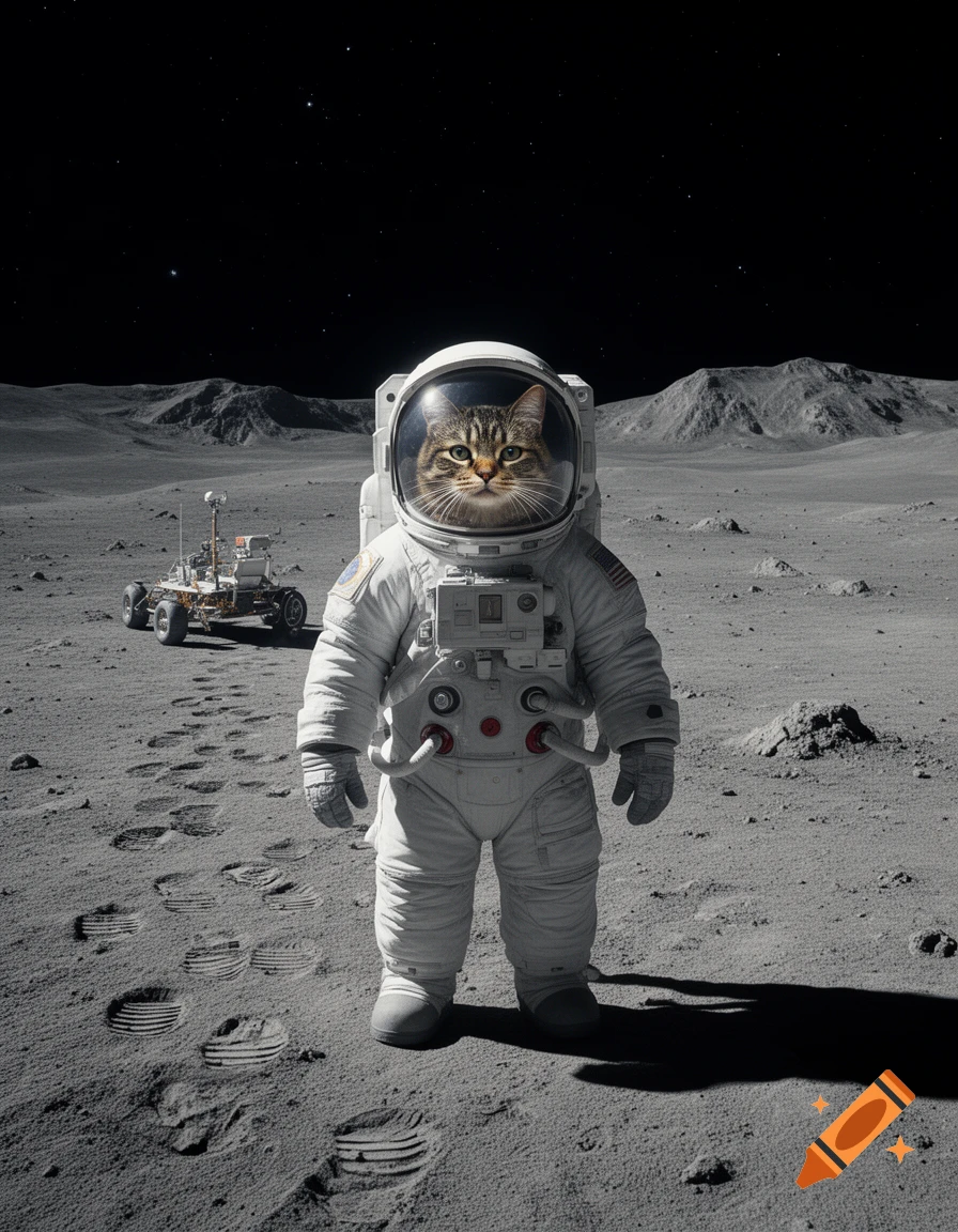 Photorealistic image of a tabby cat wearing an astronaut suit standing on the moon's surface with a lunar rover in the background.