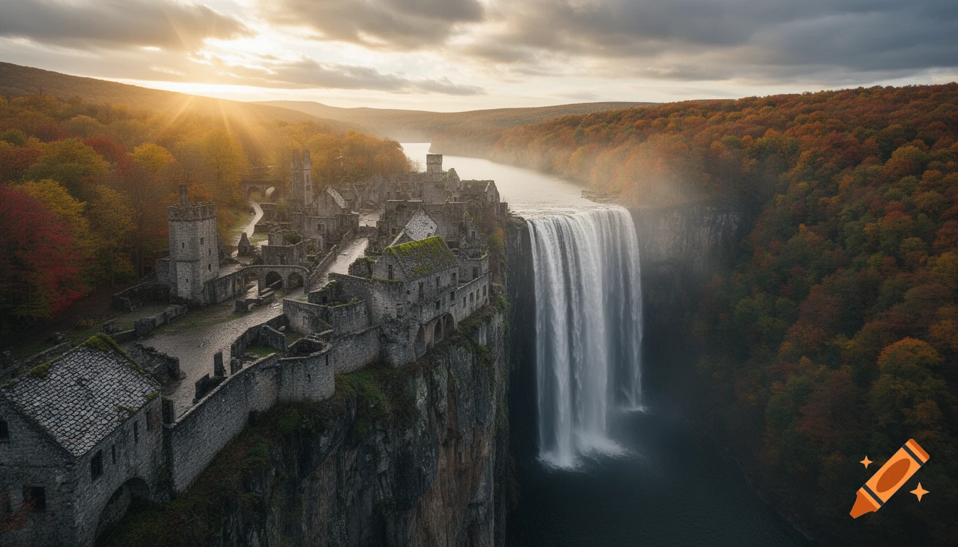 Photorealistic aerial view of an old stone city built on a cliff ledge next to a massive waterfall during autumn sunset.