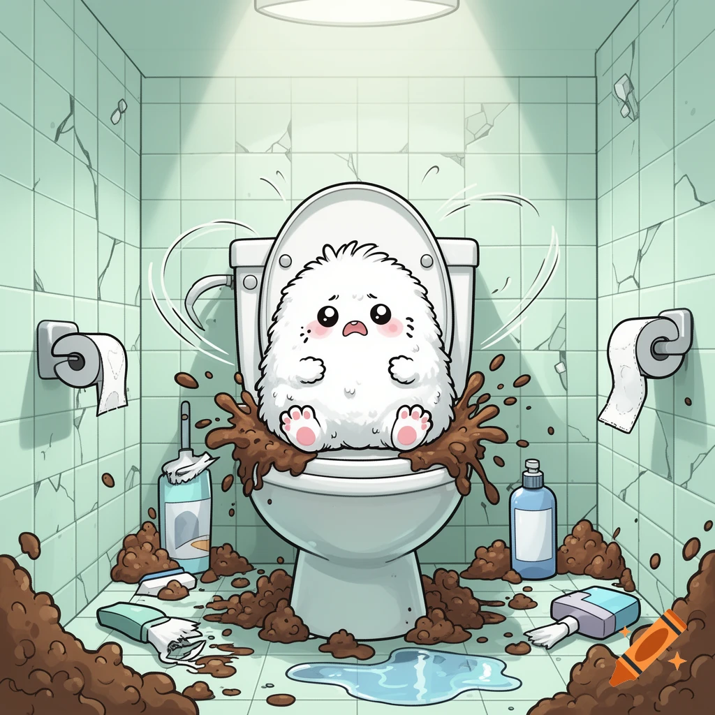 Comic style illustration of a cute, fluffy white critter sitting on a toilet with a mess around it in a tiled bathroom.