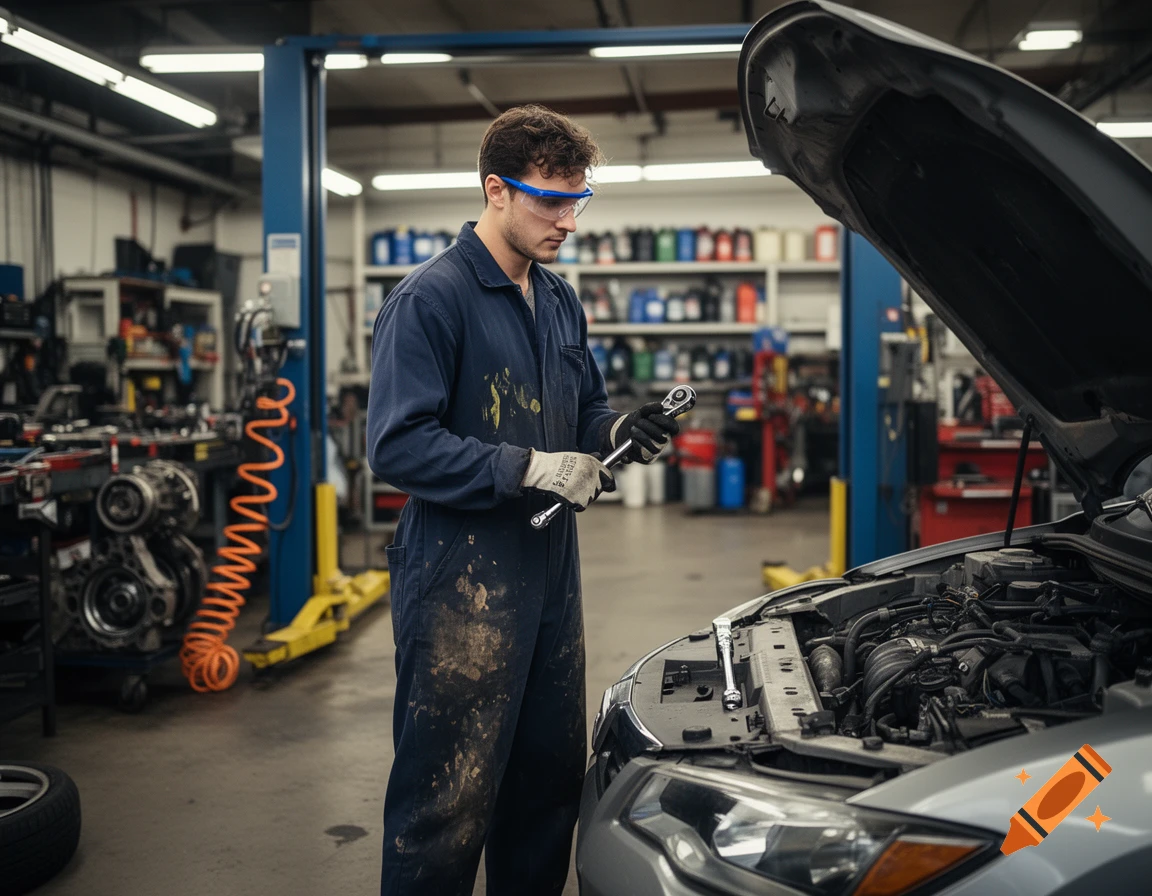 Photorealistic image of a male mechanic in a blue jumpsuit with safety glasses, inspecting a car engine in a repair shop.