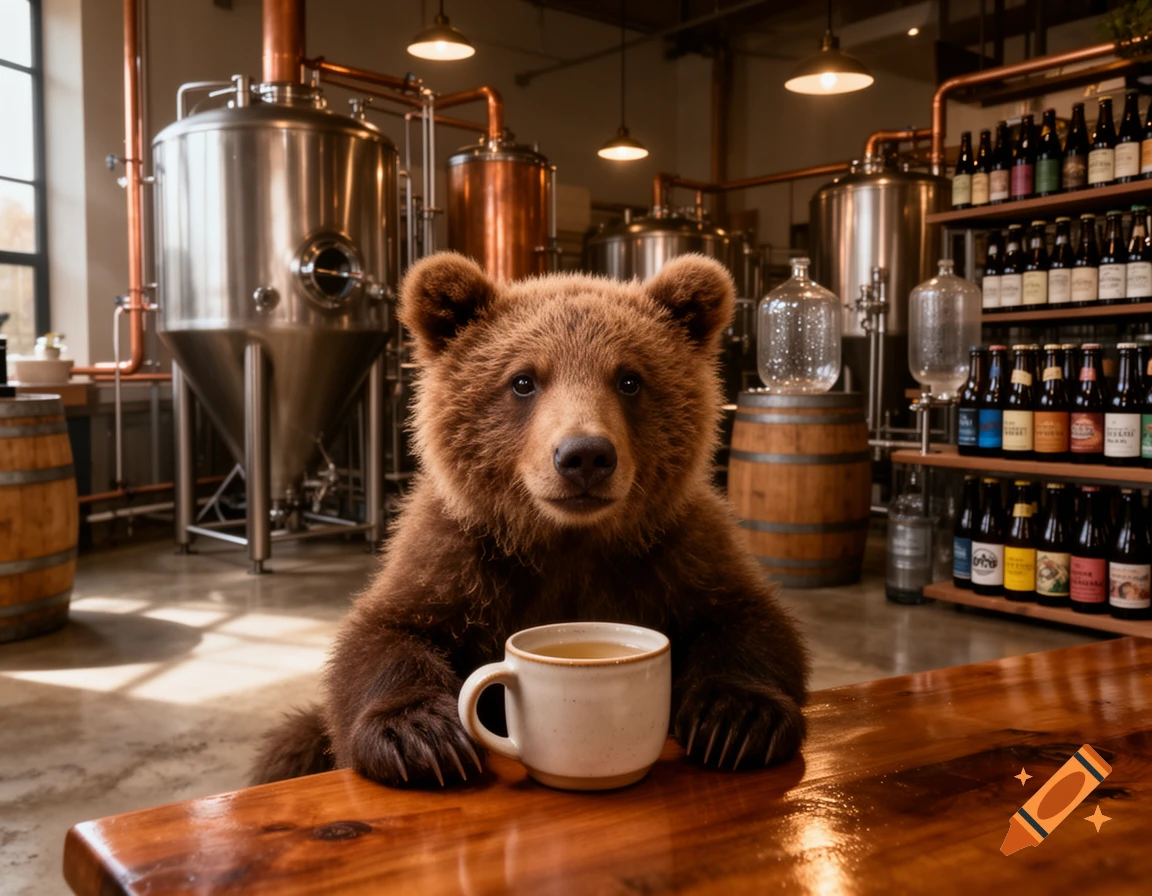 Photorealistic image of a cute brown bear cub sitting at a wooden counter in a brewery, holding a mug.