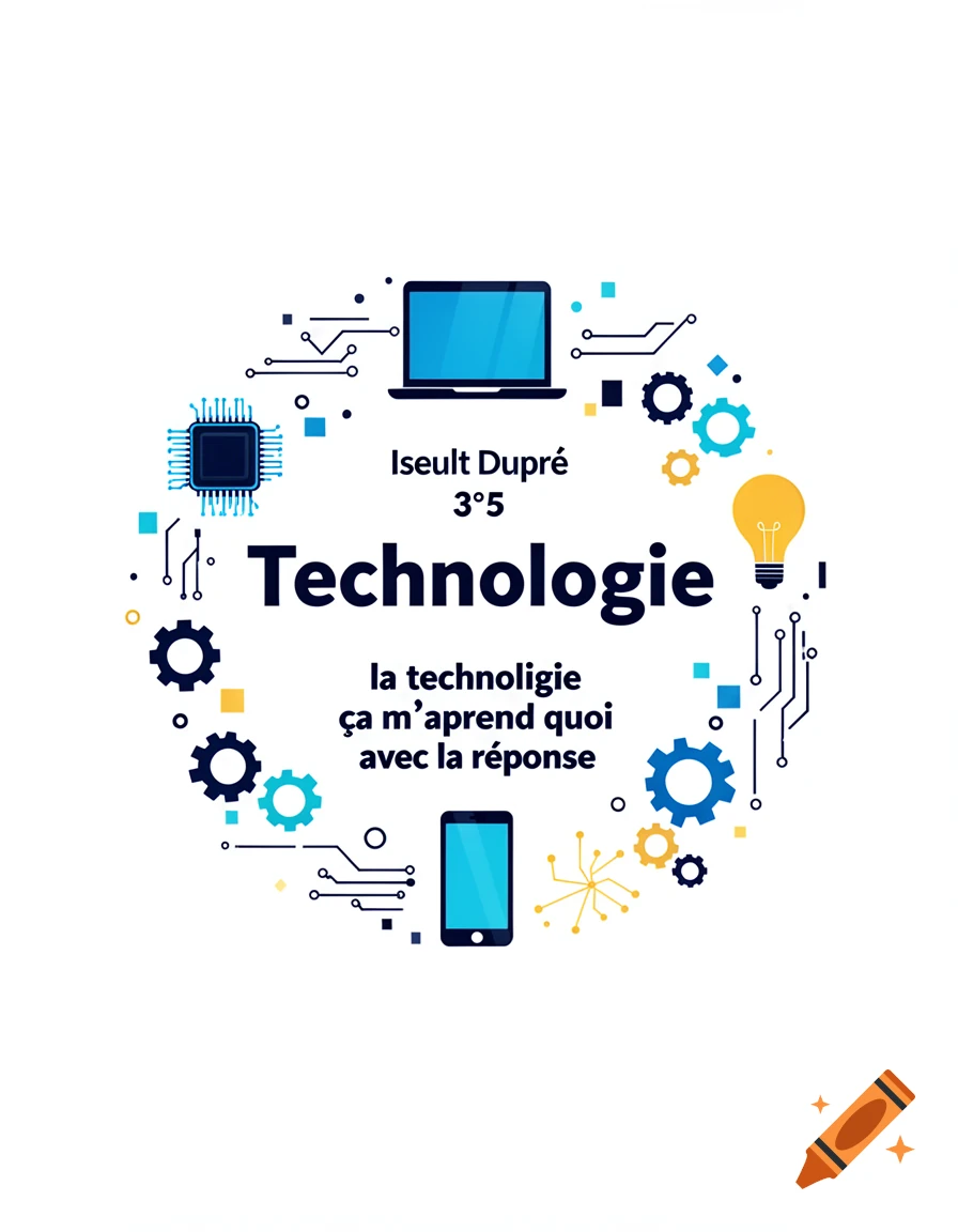 Tech-themed graphic design with a laptop, smartphone, lightbulb, and gears, featuring text about technology in French.