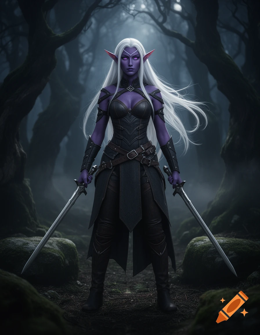 Photorealistic full-body portrait of a dark elf woman with purple skin, white hair, and two swords standing in a dark forest.