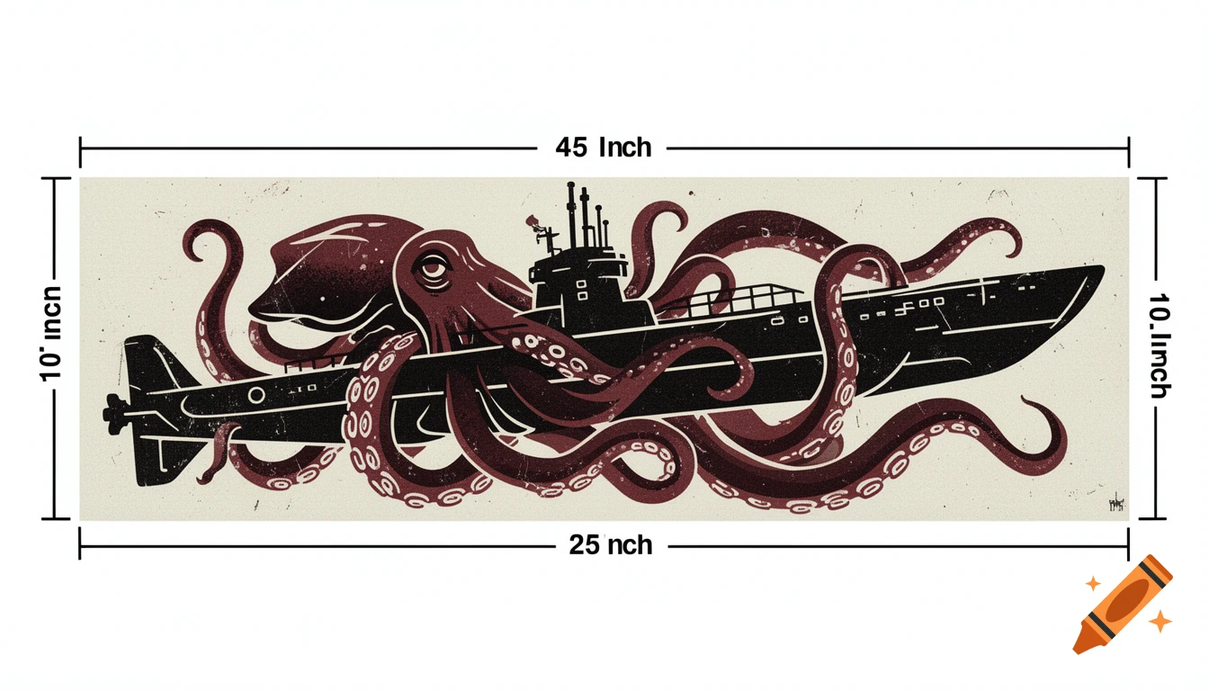 A stencil illustration of a red kraken with tentacles wrapped around a black submarine, with dimension measurements overlaid.