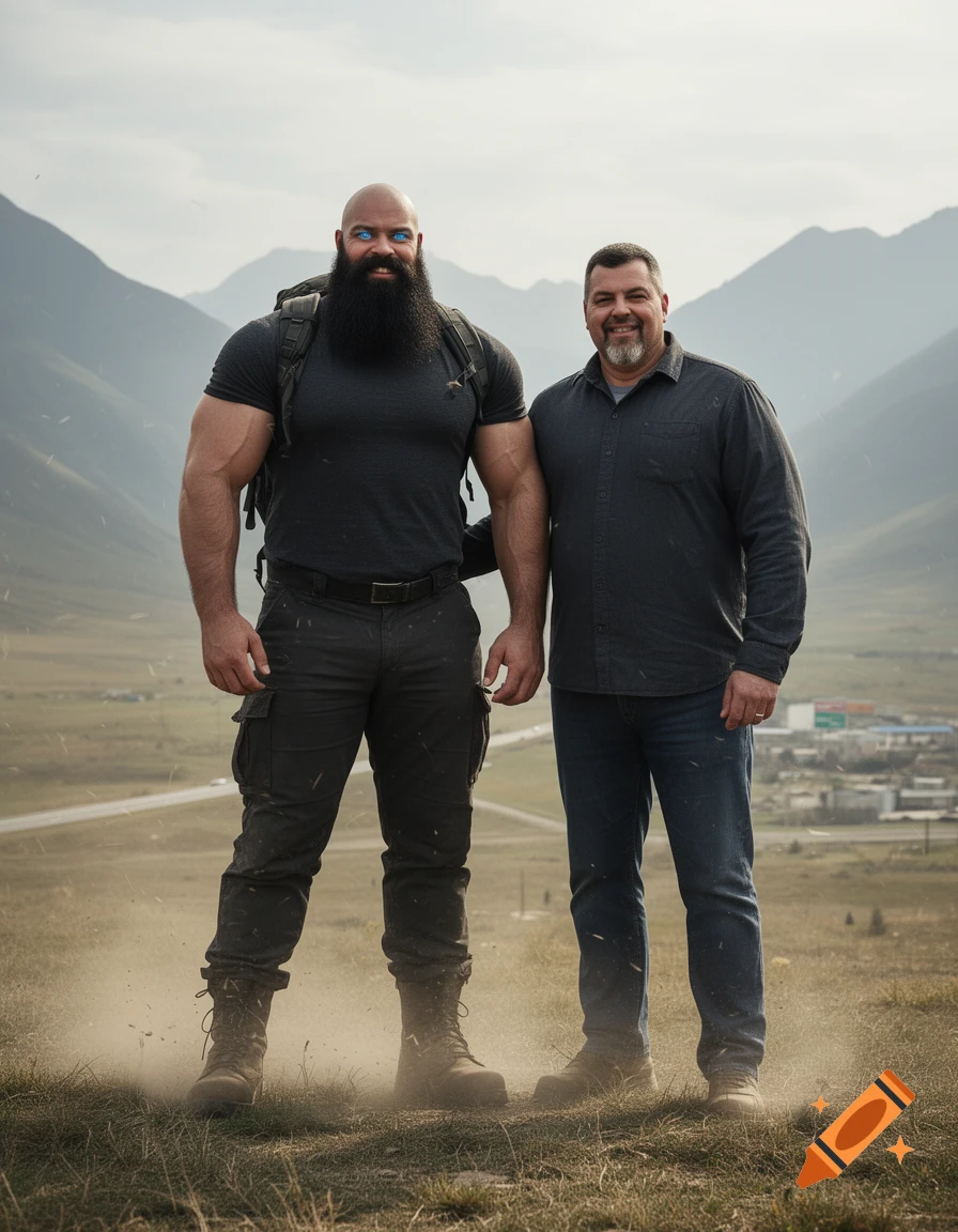 Photorealistic image of a tall muscular man with bright blue eyes and a long black beard standing next to another man in a mountainous landscape.