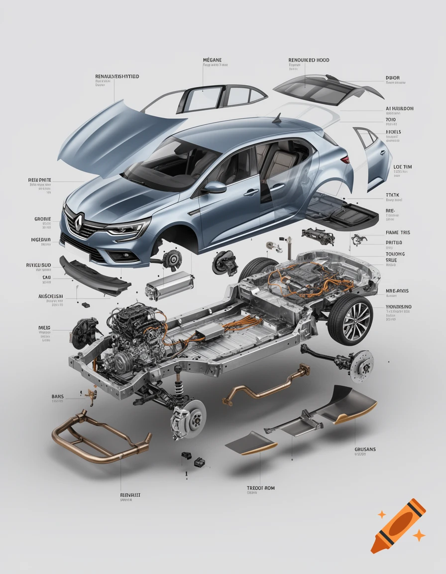 Detailed exploded view diagram of a blue Renault Megane car with various parts labeled in French.