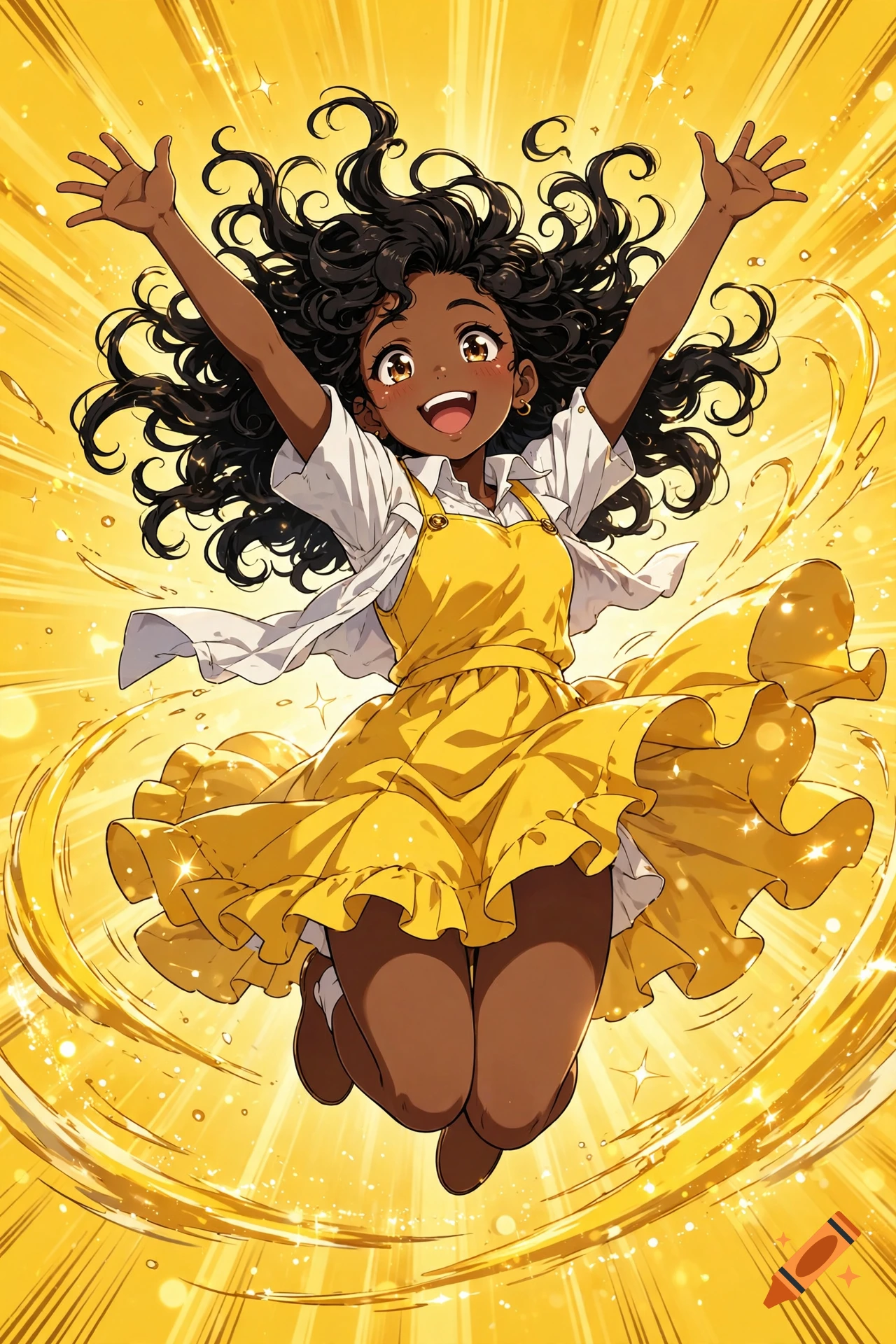 Anime style illustration of a joyful Black girl with curly fluffy hair, wearing a yellow dress and white shirt, jumping up amidst golden light.