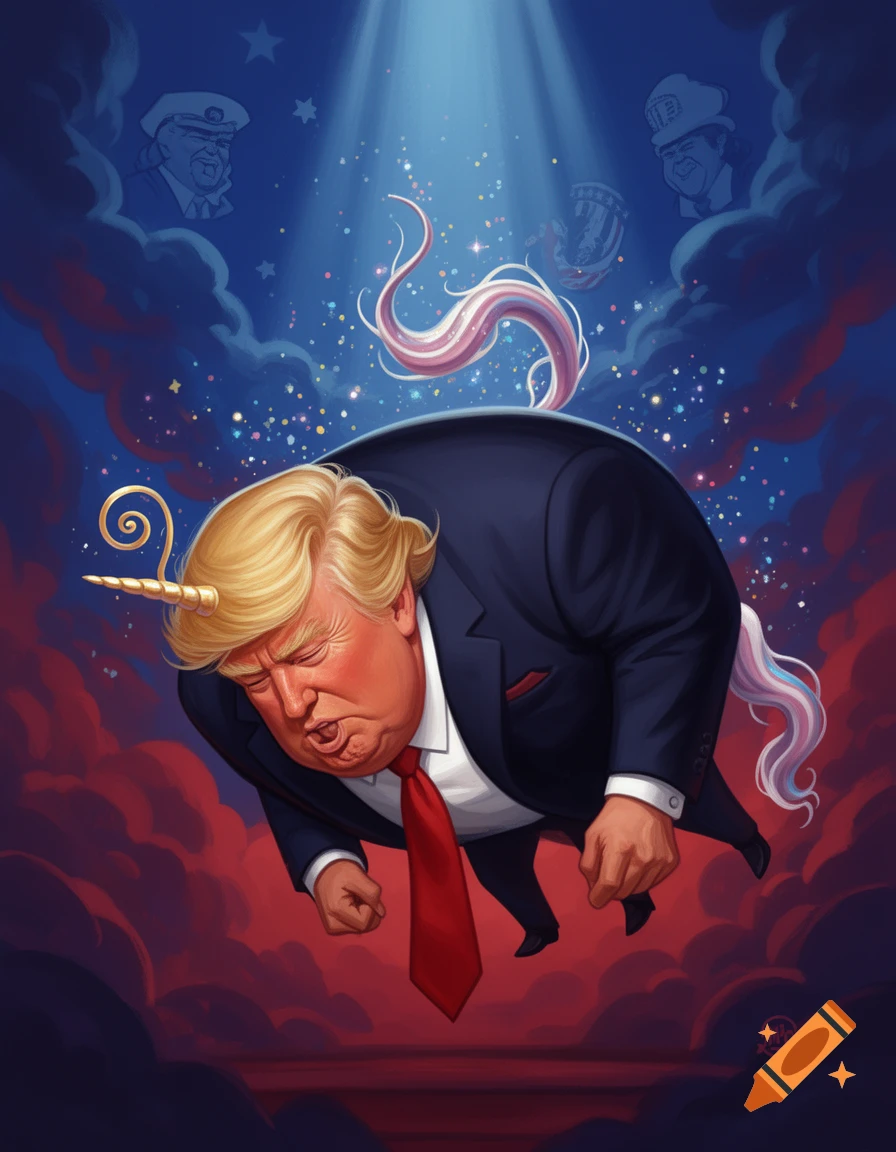 Caricature illustration of Donald Trump flying as a unicorn with a sparkling mane against a dark blue and red sky.