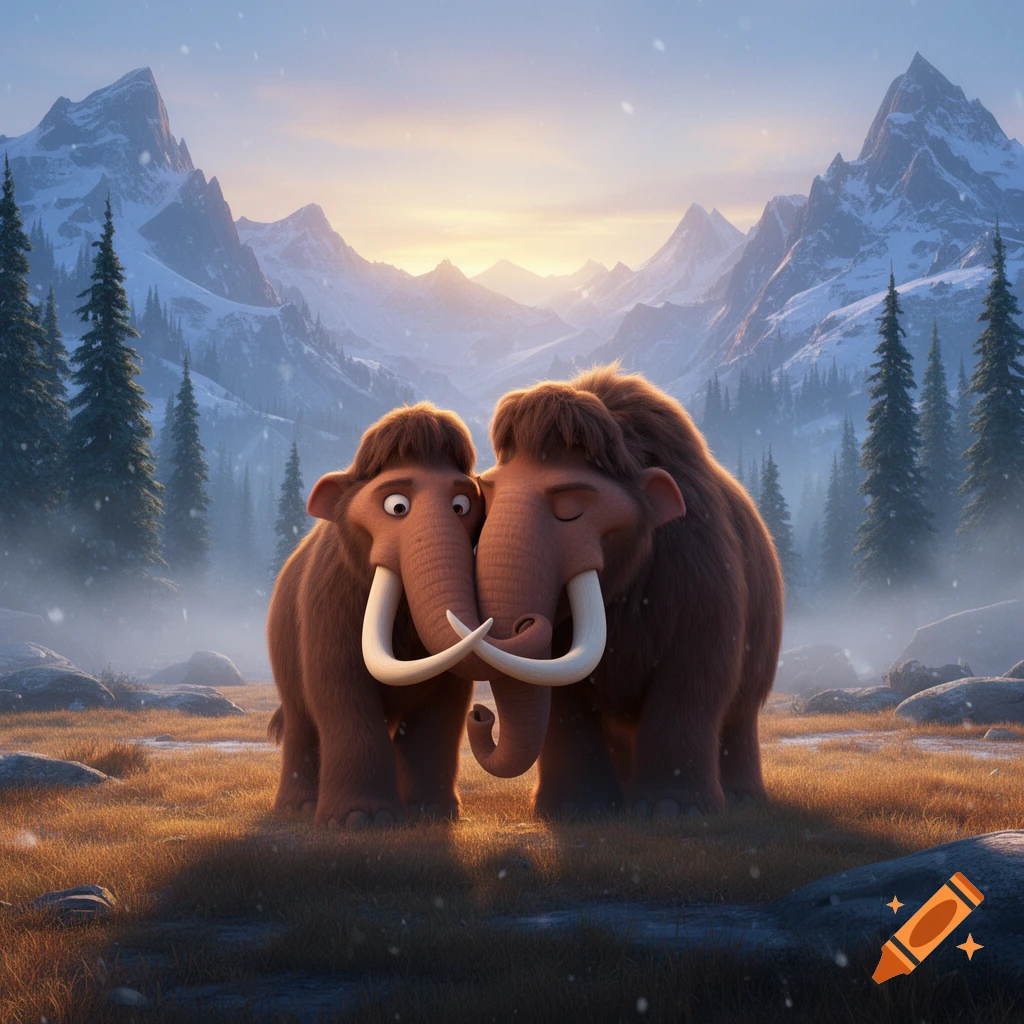 Two animated woolly mammoths standing together in a snowy mountain valley at sunset, 3D animated style.