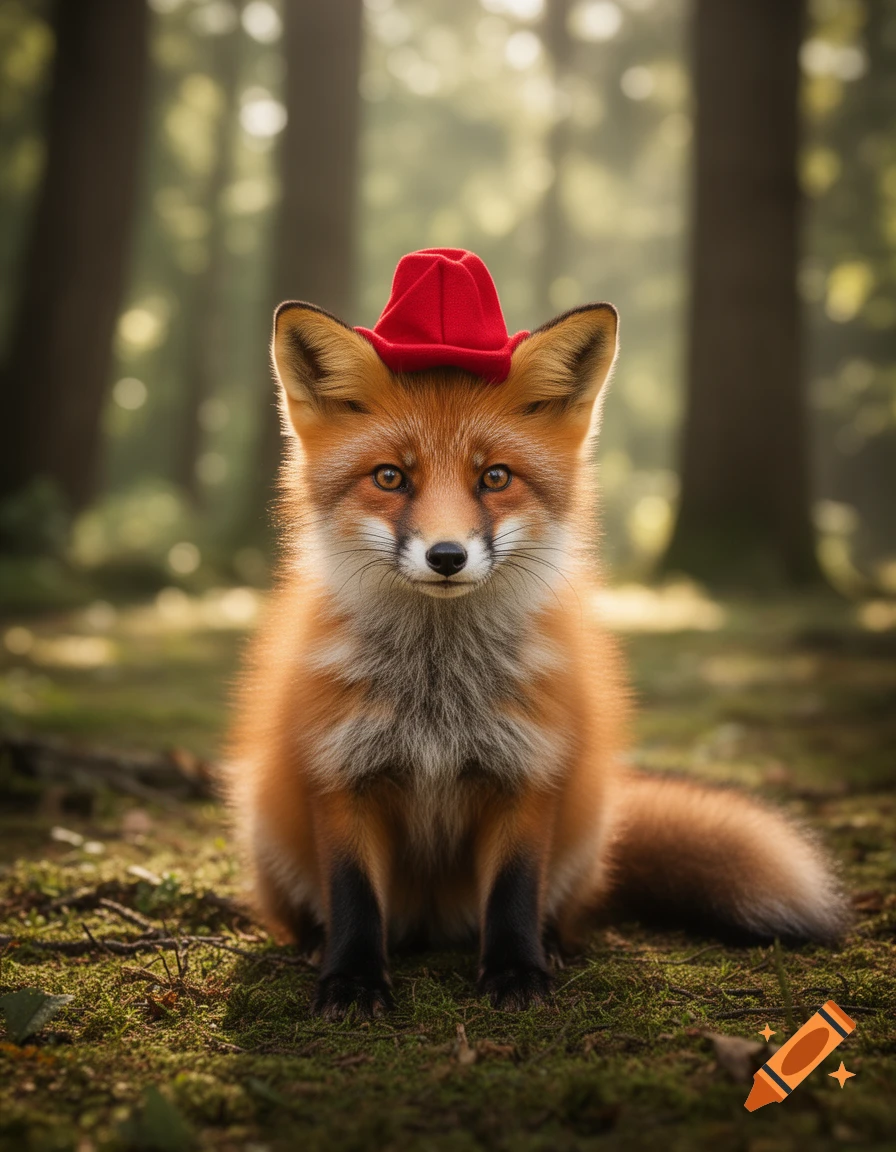 Photorealistic close-up of a cute red fox wearing a small red hat, sitting on moss in a forest.
