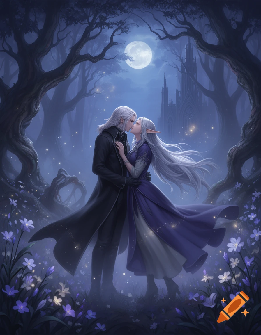 An anime-style digital painting of a man and an elf woman kissing in a magical, moonlit forest surrounded by glowing blue flowers and a distant castle.