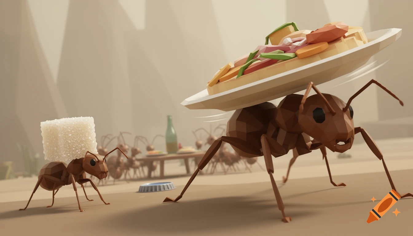 Low-poly 3D render of a stressed ant running while carrying a plate of food on its back, with another ant carrying a sugar cube in the background.
