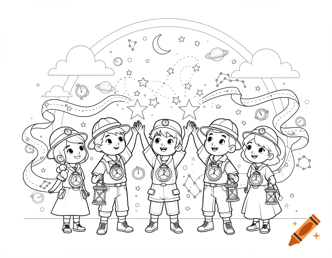 Black and white line art coloring page of children dressed as time guardians holding glowing stars and lanterns.