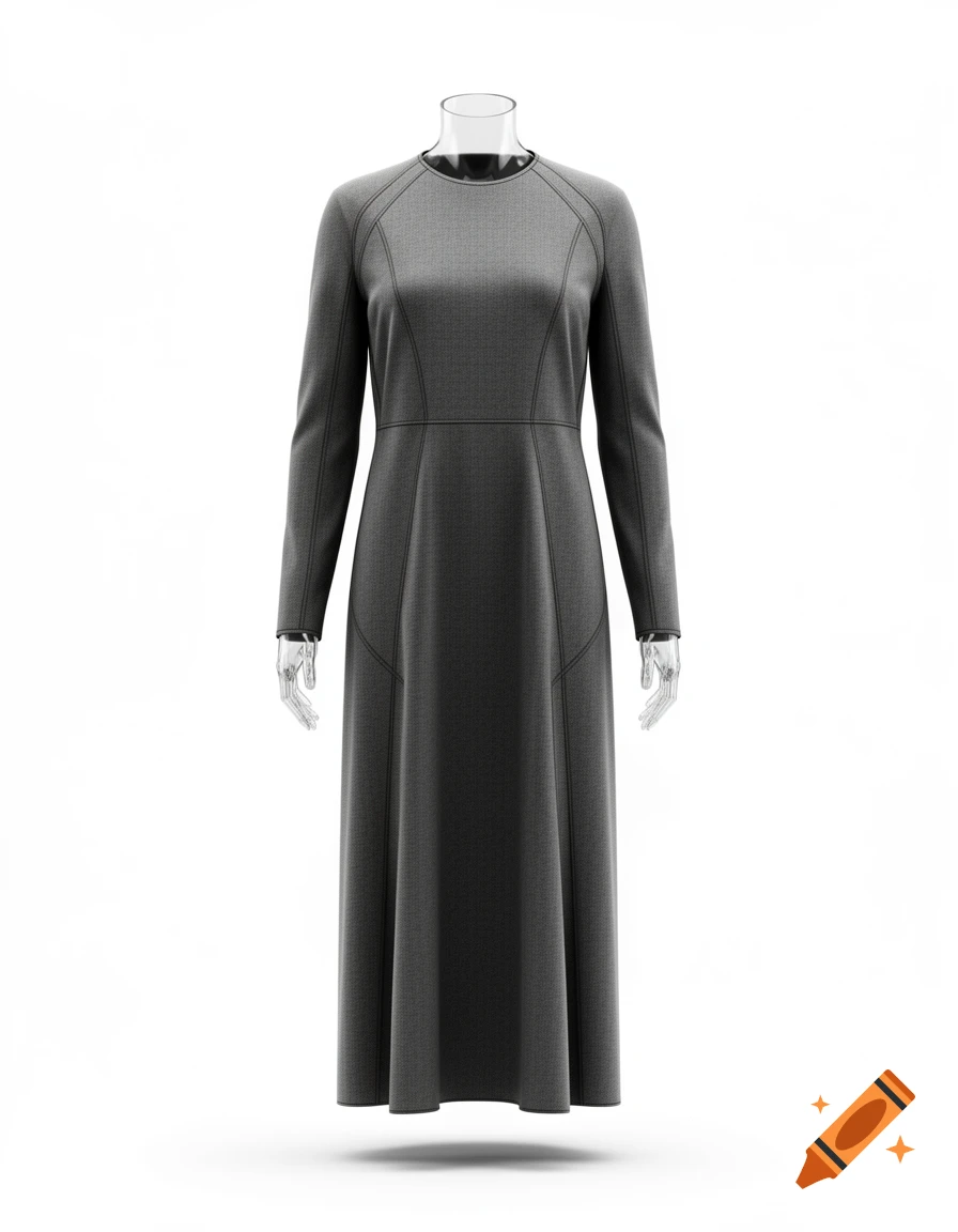 Professional fashion product photograph of a gray avant-garde long-sleeved dress displayed on a ghost mannequin against a clean white background.