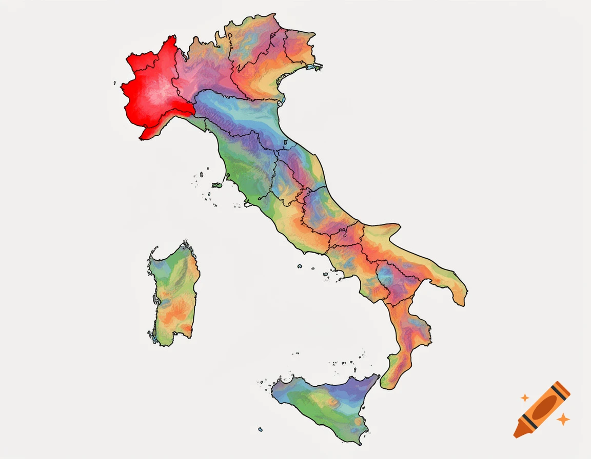 Detailed geographic climate map of Italy with Valle d'Aosta highlighted in red, vector graphic style.
