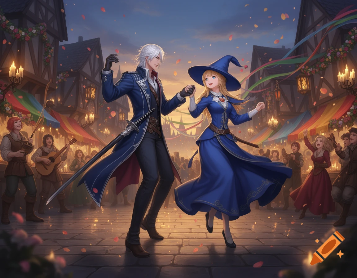 Anime style illustration of a white-haired man and a blonde witch dancing at a medieval festival.