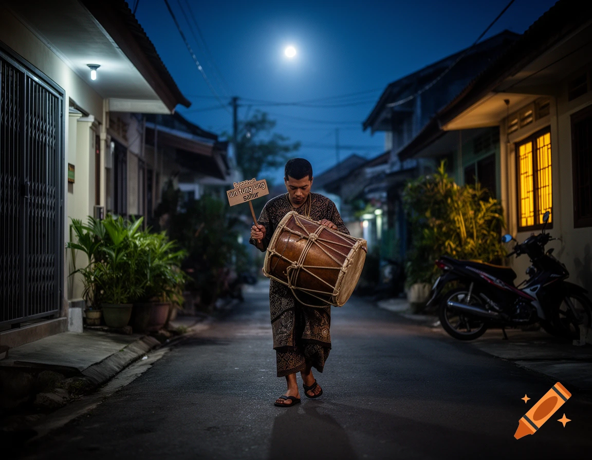 Photorealistic night scene of a man walking down a narrow street holding a drum and a sign.