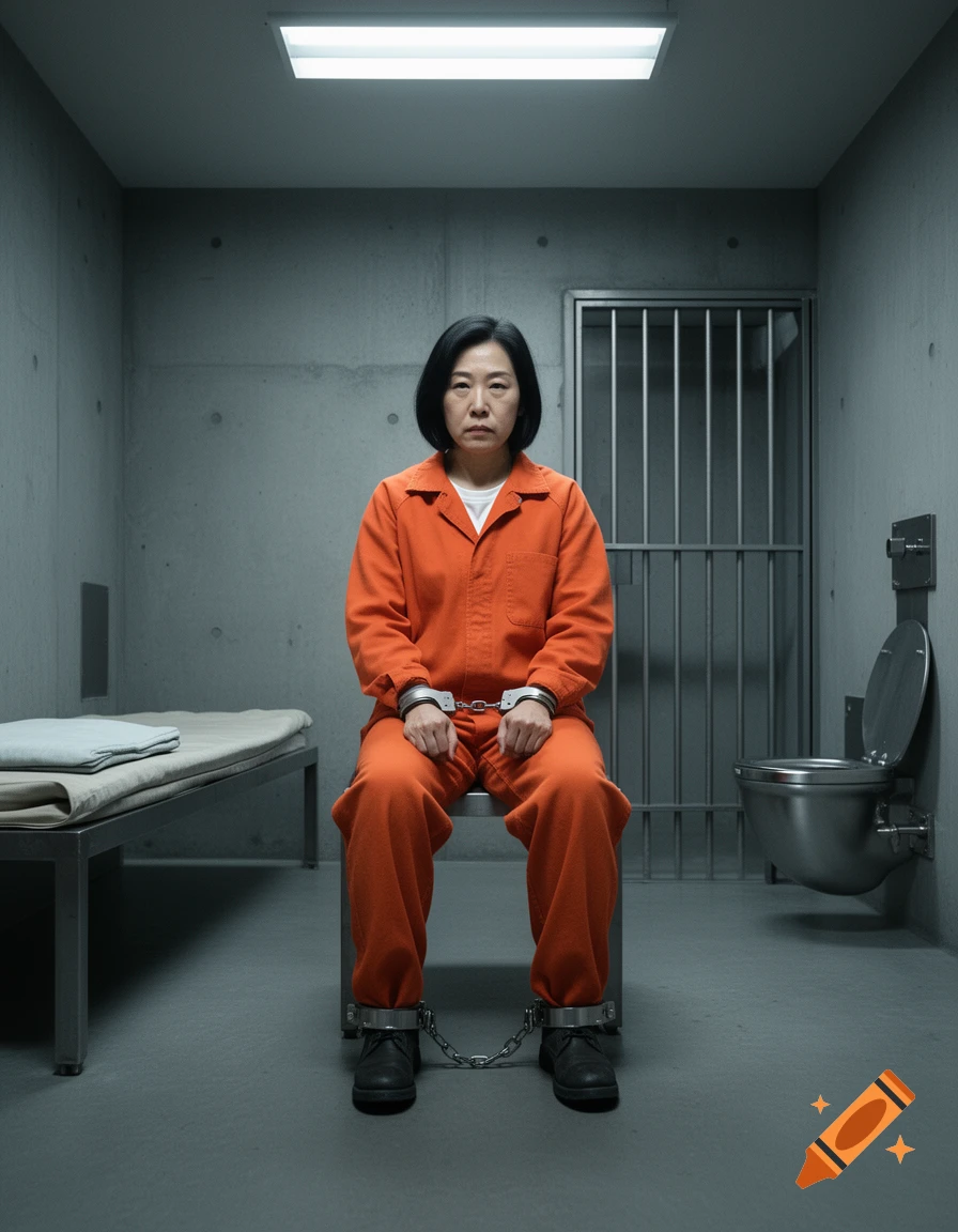 Photorealistic image of a woman in an orange jumpsuit sitting handcuffed in a prison cell.