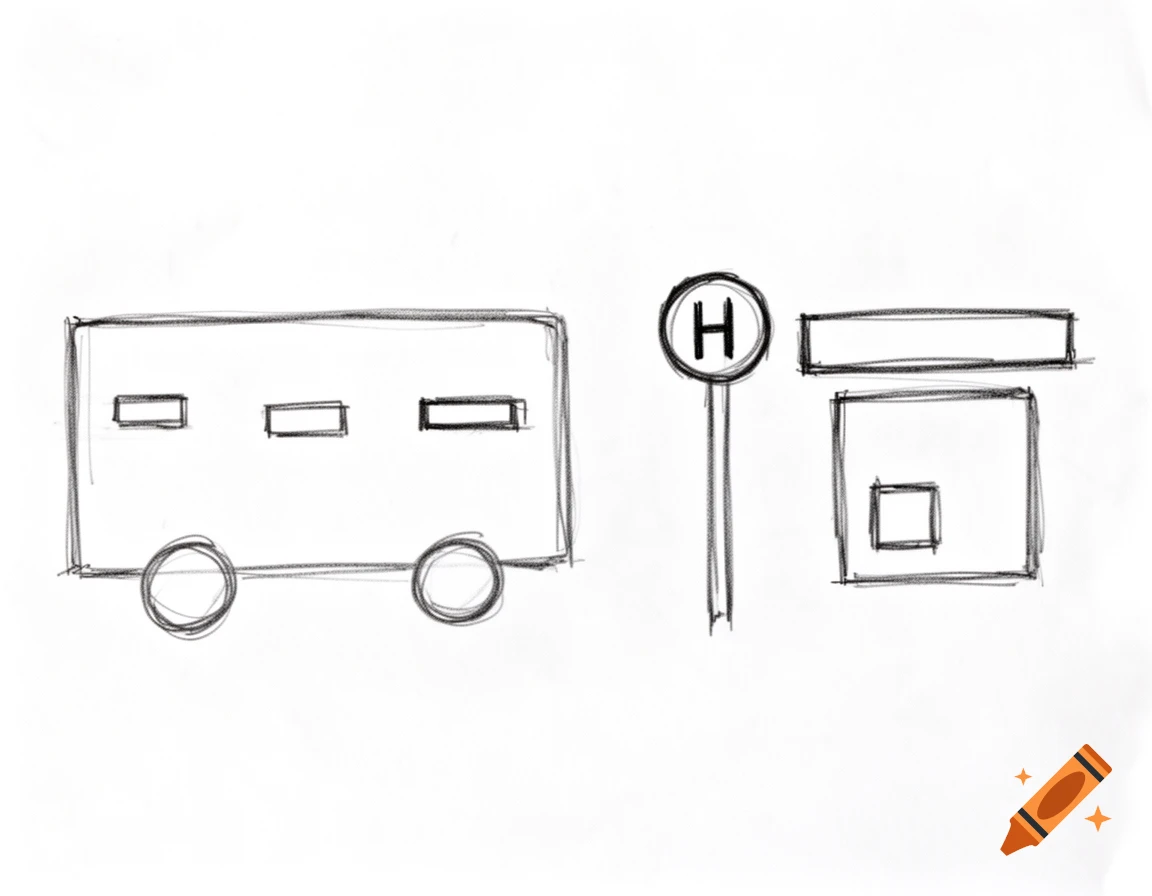 Hand-drawn pencil sketch of a bus on the left and a bus stop sign with a shelter on the right, on white paper.