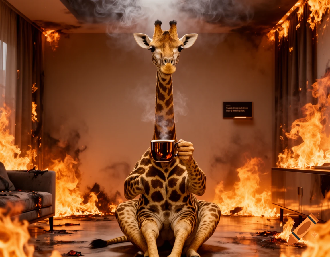 A photorealistic giraffe sitting cross-legged in a room consumed by fire while holding and steaming a coffee cup.