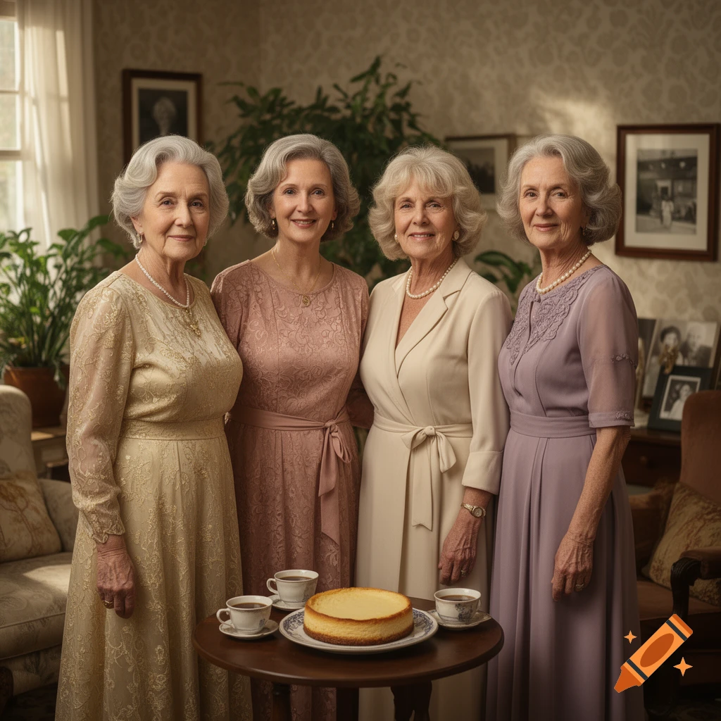 Photorealistic group portrait of four older women with gray hair wearing dresses, standing together around a small table with a cheesecake and teacups.