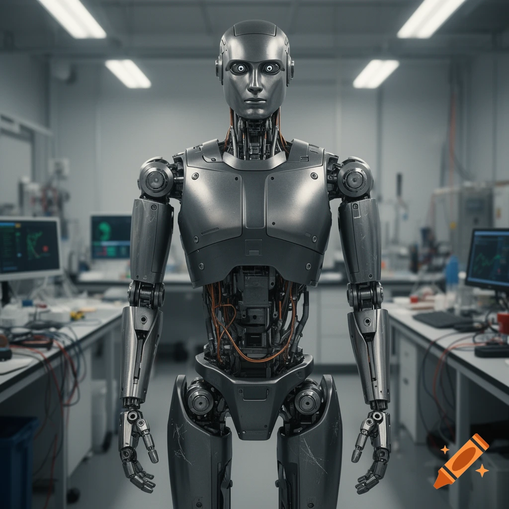 Photorealistic metallic humanoid robot standing in a laboratory setting.