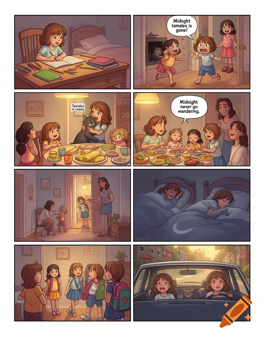 A multi-panel comic book page illustrating a family's day, featuring two young girls, their mother, and a cat named Midnight.