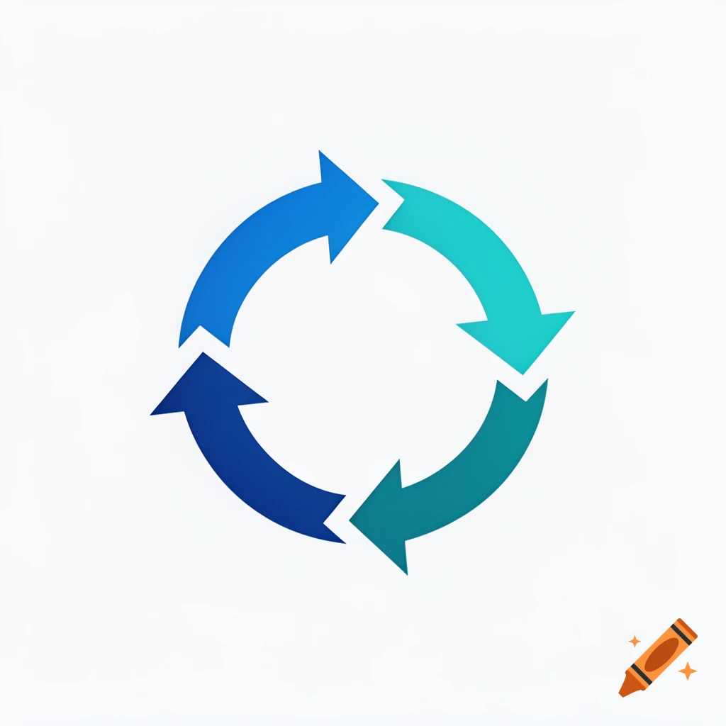 Four blue and teal arrows arranged in a circular loop on a white background.