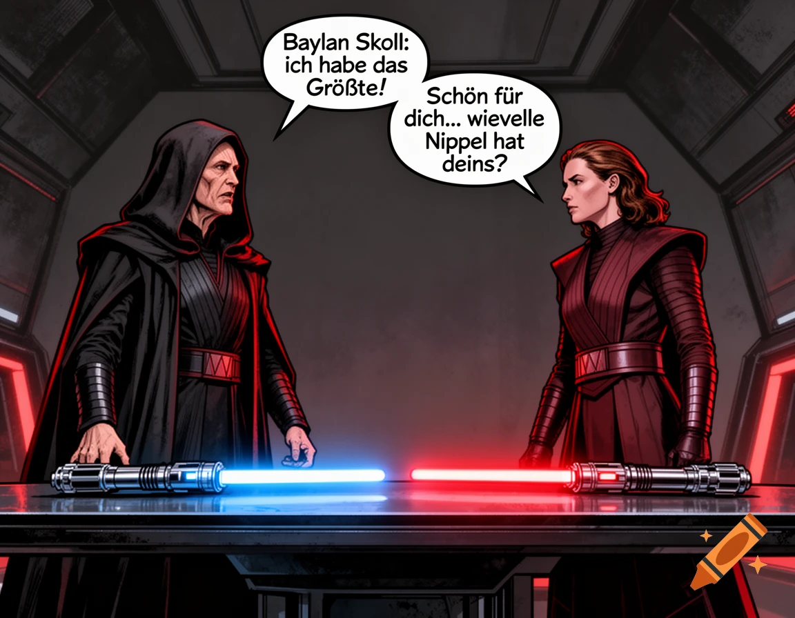Comic style illustration of two Star Wars characters in dark robes facing each other across a table with lightsabers.